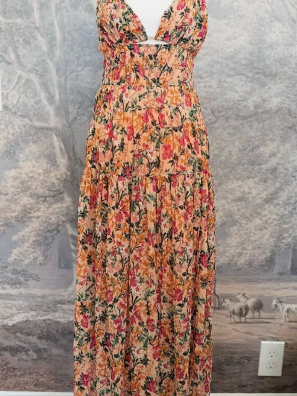 ASTR The Label Tropics Plunge Neck Pleated Open Back Maxi Dress sz M Medium $168